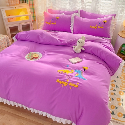 91家纺网 家纺一手货源 找家纺 秋艳家纺 2024新款韩式花边毛巾绣四件套 恐龙乐园-紫