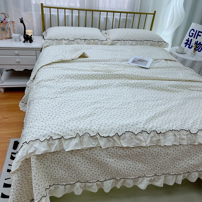 91家纺网 家纺一手货源 找家纺 暖居 2024新款韩系大花边夏被砂洗棉花床盖四件套可机洗+同款纯棉被套 云熙