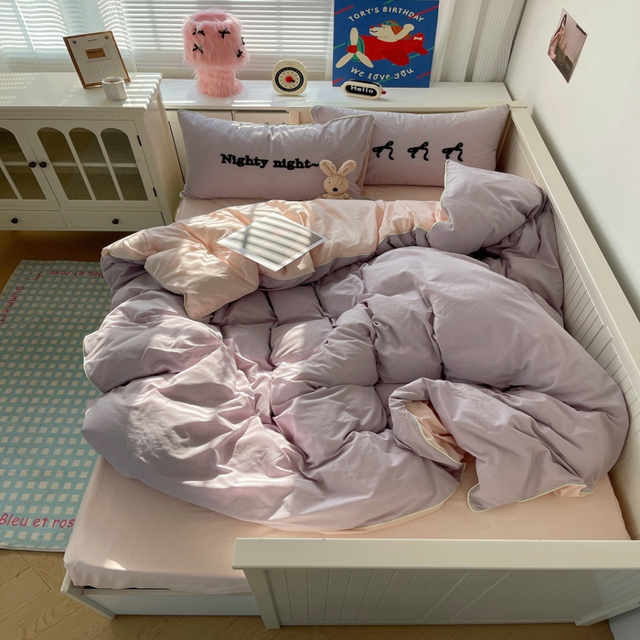 91家纺网 家纺一手货源 找家纺 六巷胡同 2024新款INS韩系蝴蝶结毛巾绣嵌绳边四件套 公主蝴蝶结-雾紫