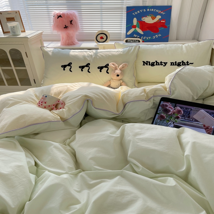 91家纺网 家纺一手货源 找家纺 六巷胡同 2024新款INS韩系蝴蝶结毛巾绣嵌绳边四件套 公主蝴蝶结-蜜绿