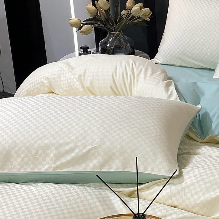 91家纺网 家纺一手货源 找家纺 金鑫汇 2024新款提花小方格全棉套件单品系列-单枕套 奶昔白+水绿