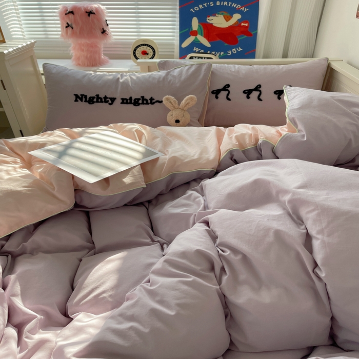 91家纺网 家纺一手货源 找家纺 六巷胡同 2024新款INS韩系蝴蝶结毛巾绣嵌绳边四件套 公主蝴蝶结-雾紫