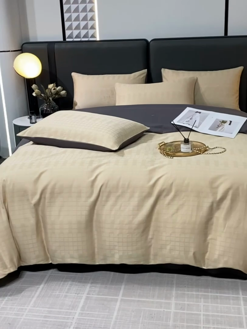 91家纺网 家纺一手货源 找家纺 金鑫汇 2024新款提花小方格全棉套件单品系列-四件套 纵横阡陌