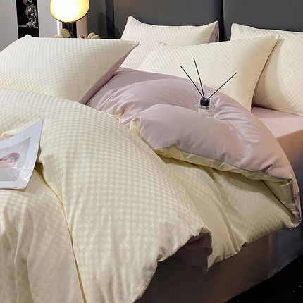 金鑫汇 2024新款提花小方格全棉套件单品系列-四件套 奶昔白+淡紫