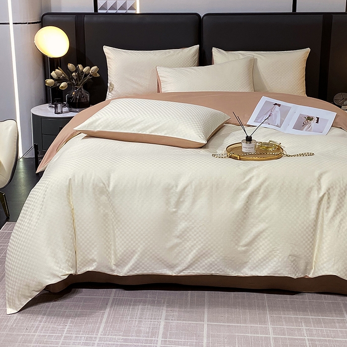 91家纺网 家纺一手货源 找家纺 金鑫汇 2024新款提花小方格全棉套件单品系列-四件套 奶昔白+咖