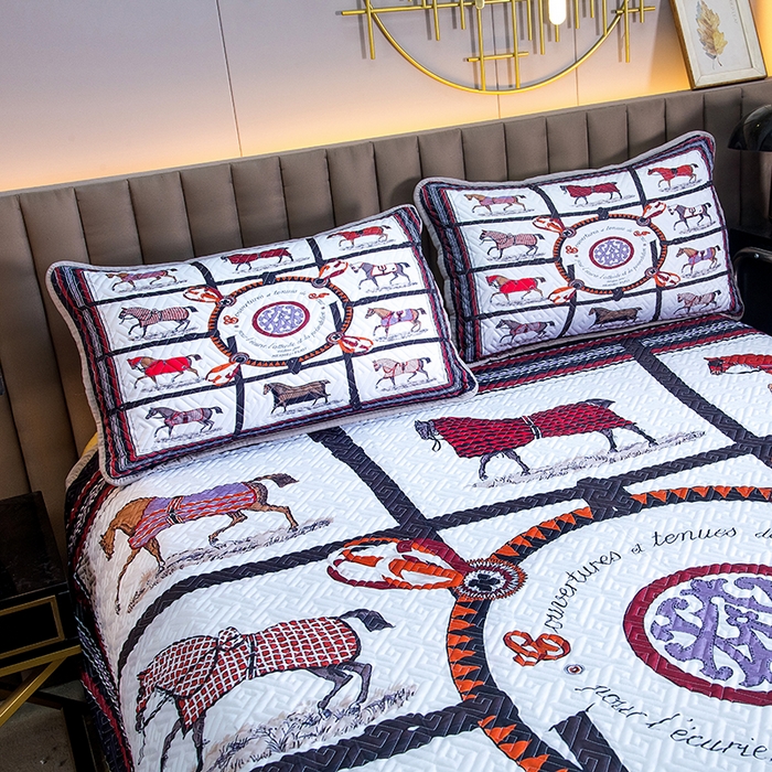 91家纺网 家纺一手货源 找家纺 爵仕家纺 2025新款凉感真丝床盖三件套 十骏马白