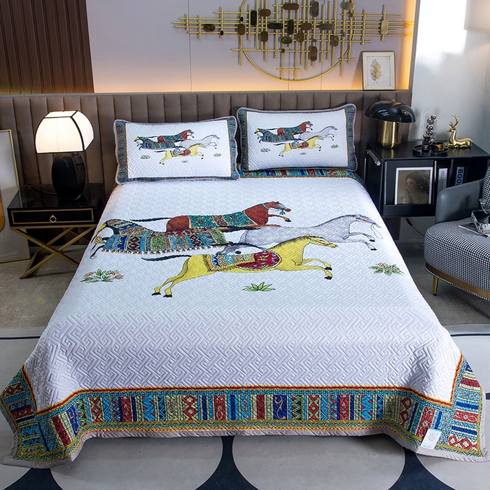 91家纺网 家纺一手货源 找家纺 爵仕家纺 2025新款凉感真丝床盖三件套 骏马白