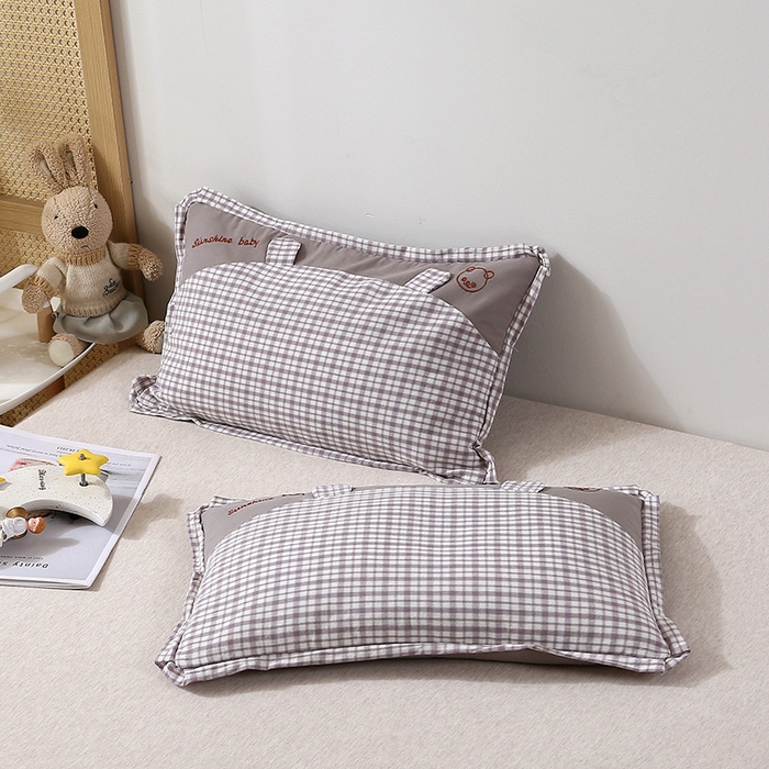 91家纺网 家纺一手货源 找家纺 梦叶草 2024新款全棉水洗棉儿童枕头纯荞麦枕芯小熊格子30×50cm荞麦枕 小熊耳朵方格荞麦枕-灰色30*50/只