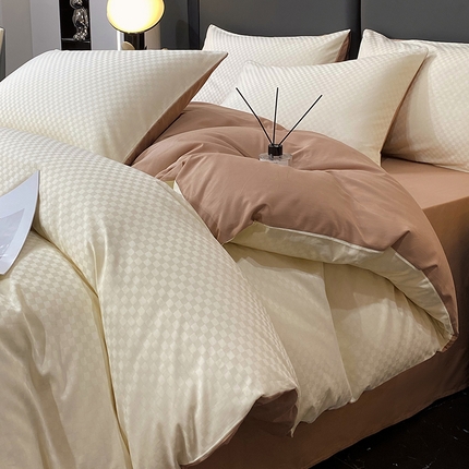 金鑫汇 2024新款提花小方格全棉套件单品系列-四件套 奶昔白+咖