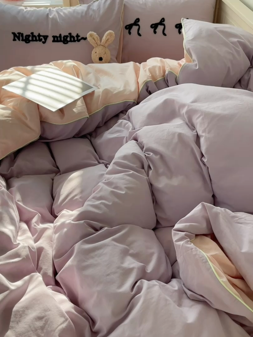 91家纺网 家纺一手货源 找家纺 六巷胡同 2024新款INS韩系蝴蝶结毛巾绣嵌绳边四件套 公主蝴蝶结-雾紫