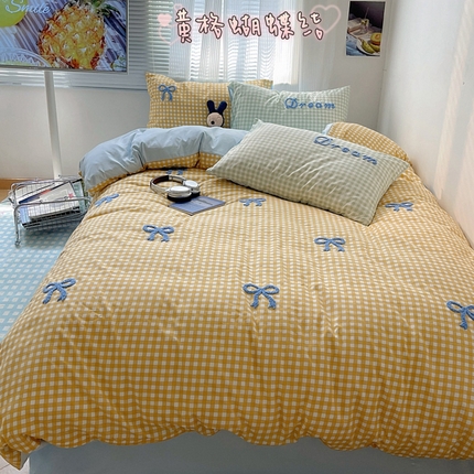 91家纺网 家纺一手货源 找家纺 （总）顾里家纺 2024新款韩系毛巾绣蝴蝶结水洗棉四件套