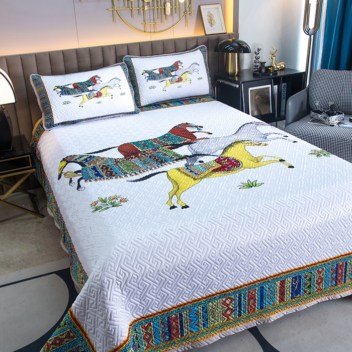 91家纺网 家纺一手货源 找家纺 爵仕家纺 2025新款凉感真丝床盖三件套 骏马白