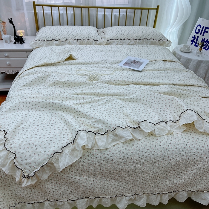 91家纺网 家纺一手货源 找家纺 暖居 2024新款韩系大花边夏被砂洗棉花床盖四件套可机洗+同款纯棉被套 云熙