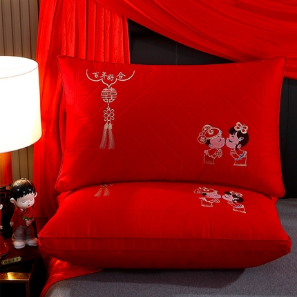 91家纺网 家纺一手货源 找家纺 （总）梦叶草 2024全棉结婚大红色枕芯婚庆纯棉枕头