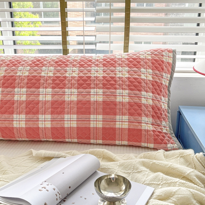 91家纺网 家纺一手货源 找家纺 爱港家纺 2024新款全棉水洗色织绗缝双人长枕巾 情侣款枕套 防滑枕巾 大加州-橙