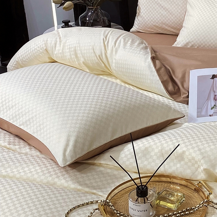 91家纺网 家纺一手货源 找家纺 金鑫汇 2024新款提花小方格全棉套件单品系列-单枕套 奶昔白+咖