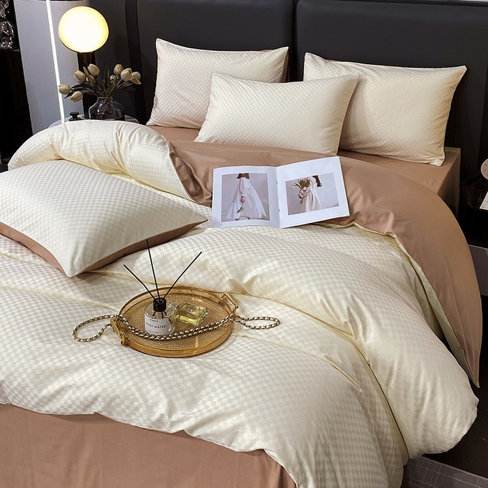 91家纺网 家纺一手货源 找家纺 金鑫汇 2024新款提花小方格全棉套件单品系列-四件套 奶昔白+咖