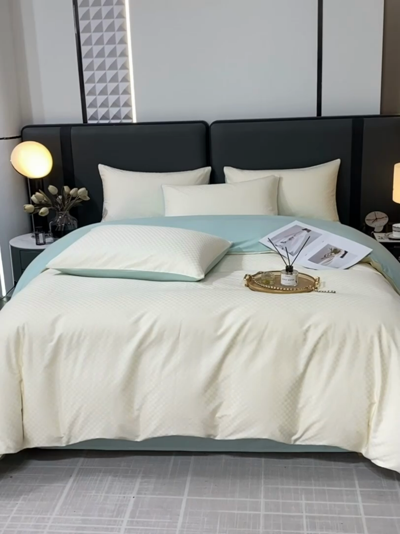 91家纺网 家纺一手货源 找家纺 金鑫汇 2024新款提花小方格全棉套件单品系列-四件套 奶昔白+水绿