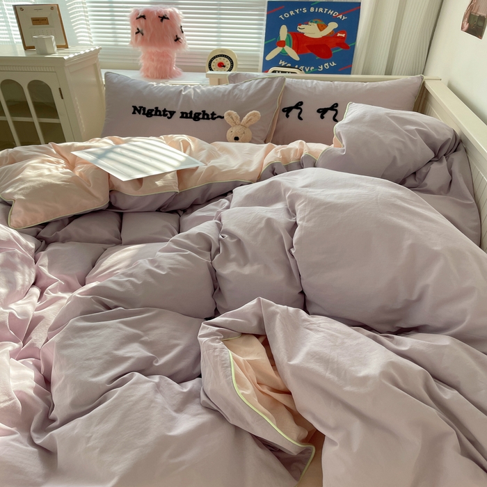 91家纺网 家纺一手货源 找家纺 六巷胡同 2024新款INS韩系蝴蝶结毛巾绣嵌绳边四件套 公主蝴蝶结-雾紫