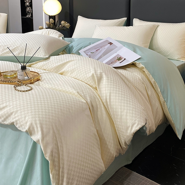 91家纺网 家纺一手货源 找家纺 金鑫汇 2024新款提花小方格全棉套件单品系列-四件套 奶昔白+水绿