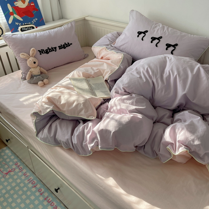 91家纺网 家纺一手货源 找家纺 六巷胡同 2024新款INS韩系蝴蝶结毛巾绣嵌绳边四件套 公主蝴蝶结-雾紫