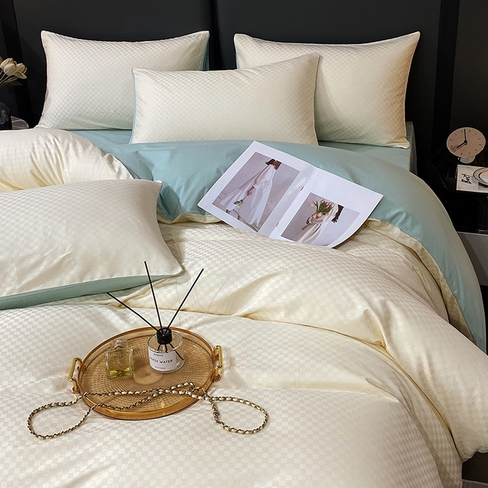 91家纺网 家纺一手货源 找家纺 金鑫汇 2024新款提花小方格全棉套件单品系列-四件套 奶昔白+水绿