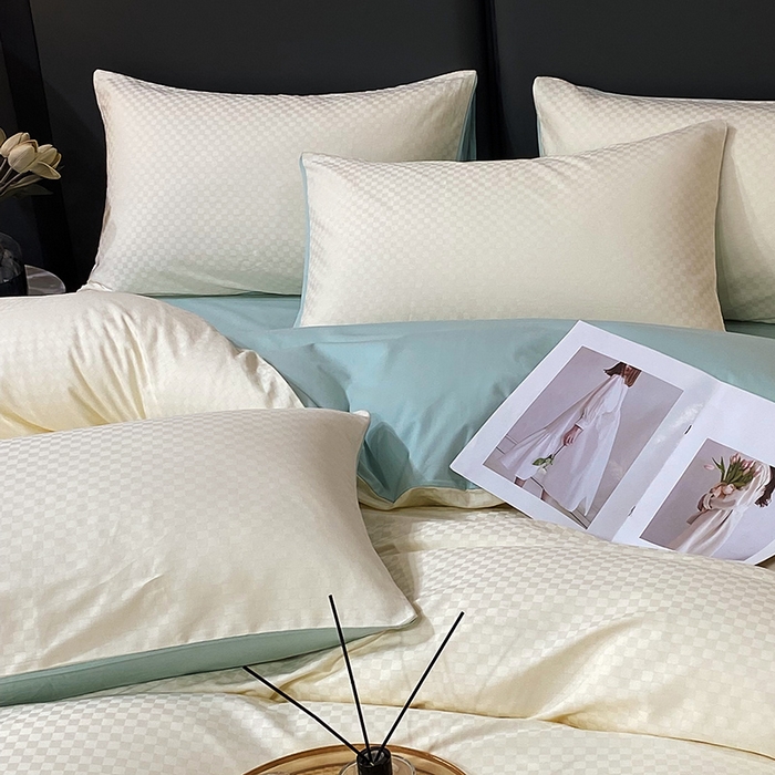 91家纺网 家纺一手货源 找家纺 金鑫汇 2024新款提花小方格全棉套件单品系列-单枕套 奶昔白+水绿