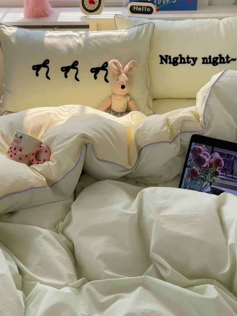 91家纺网 家纺一手货源 找家纺 六巷胡同 2024新款INS韩系蝴蝶结毛巾绣嵌绳边四件套 公主蝴蝶结-蜜绿