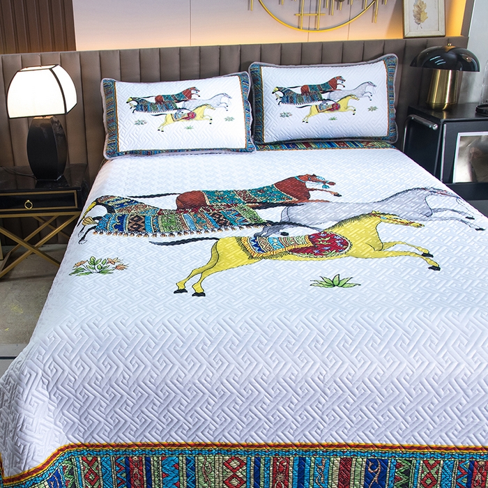 91家纺网 家纺一手货源 找家纺 爵仕家纺 2025新款凉感真丝床盖三件套 骏马白