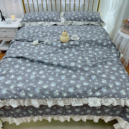 91家纺网 家纺一手货源 找家纺 （总）暖居 2024新款韩系大花边夏被砂洗棉花床盖四件套可机洗+同款纯棉被套