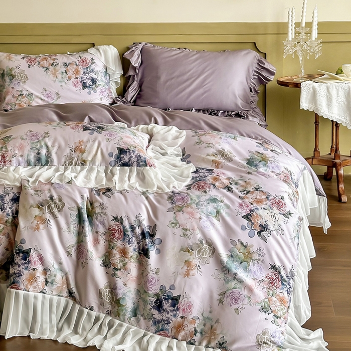 91家纺网 家纺一手货源 找家纺 窝米 2024春夏高定数码星云雪纺纱四件套系列 浮生若梦-霞光紫