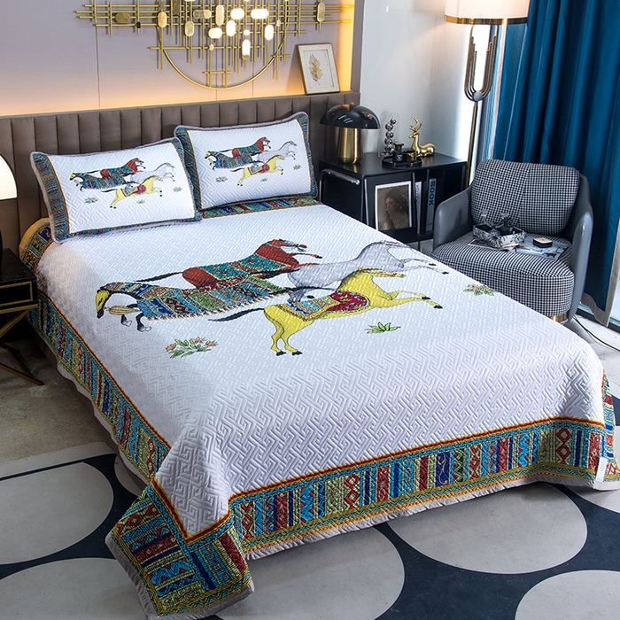 91家纺网 家纺一手货源 找家纺 爵仕家纺 2025新款凉感真丝床盖三件套 骏马白