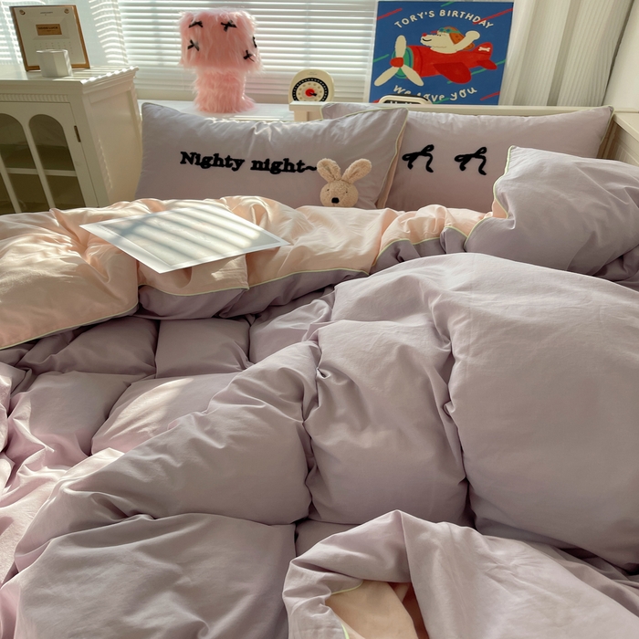 91家纺网 家纺一手货源 找家纺 六巷胡同 2024新款INS韩系蝴蝶结毛巾绣嵌绳边四件套 公主蝴蝶结-雾紫