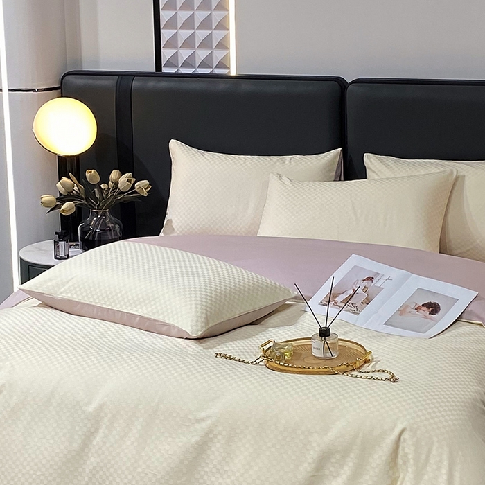 91家纺网 家纺一手货源 找家纺 金鑫汇 2024新款提花小方格全棉套件单品系列-单枕套 奶昔白+淡紫