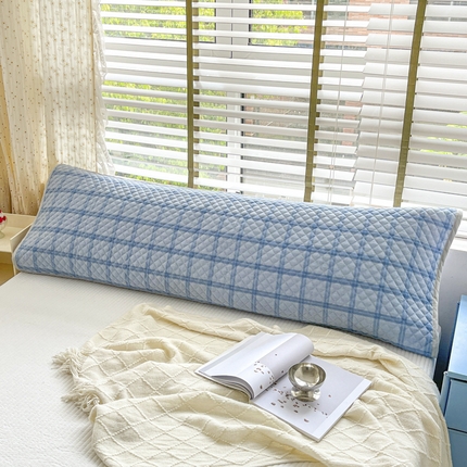 91家纺网 家纺一手货源 找家纺 爱港家纺 2024新款全棉水洗色织绗缝双人长枕巾 情侣款枕套 防滑枕巾 大加州-蓝