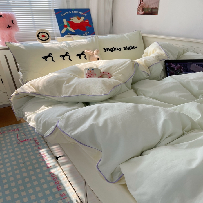 91家纺网 家纺一手货源 找家纺 六巷胡同 2024新款INS韩系蝴蝶结毛巾绣嵌绳边四件套 公主蝴蝶结-蜜绿