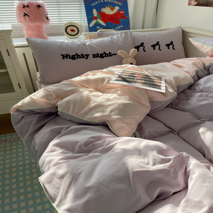 91家纺网 家纺一手货源 找家纺 六巷胡同 2024新款INS韩系蝴蝶结毛巾绣嵌绳边四件套 公主蝴蝶结-雾紫