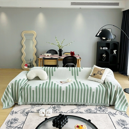 91家纺网 家纺一手货源 找家纺 沐沐 2026新款雪尼尔印花沙发巾 茂林修竹绿