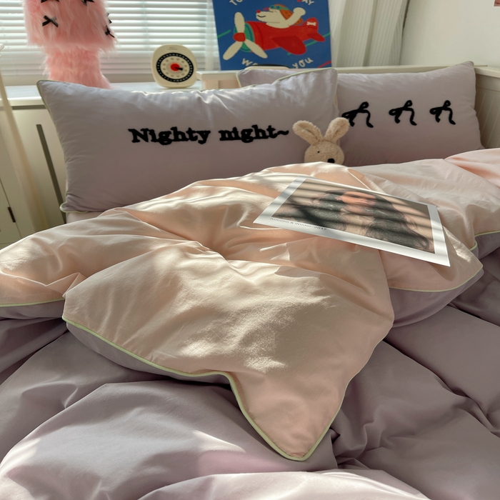 91家纺网 家纺一手货源 找家纺 六巷胡同 2024新款INS韩系蝴蝶结毛巾绣嵌绳边四件套 公主蝴蝶结-雾紫