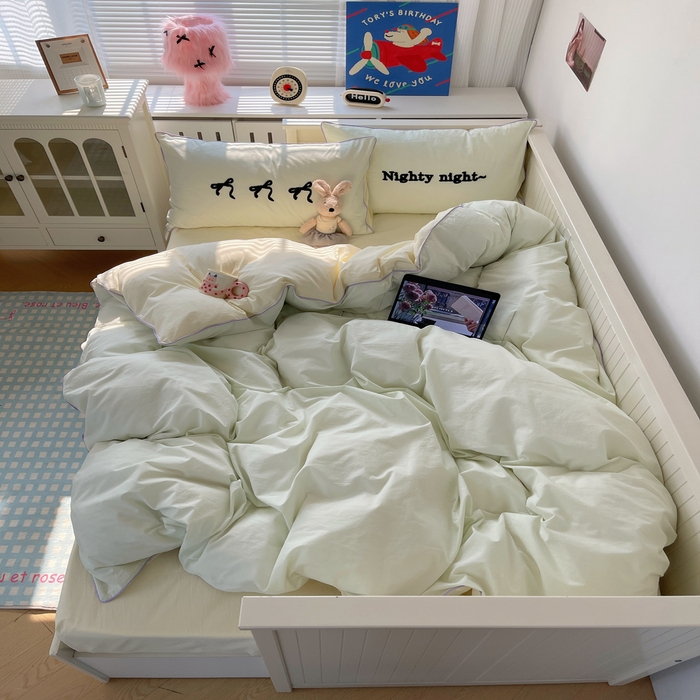 91家纺网 家纺一手货源 找家纺 六巷胡同 2024新款INS韩系蝴蝶结毛巾绣嵌绳边四件套 公主蝴蝶结-蜜绿