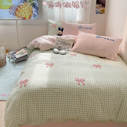 91家纺网 家纺一手货源 找家纺 （总）顾里家纺 2024新款韩系毛巾绣蝴蝶结水洗棉四件套