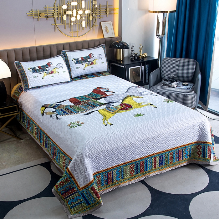 91家纺网 家纺一手货源 找家纺 爵仕家纺 2025新款凉感真丝床盖三件套 骏马白