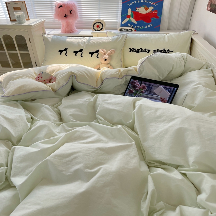 91家纺网 家纺一手货源 找家纺 六巷胡同 2024新款INS韩系蝴蝶结毛巾绣嵌绳边四件套 公主蝴蝶结-蜜绿