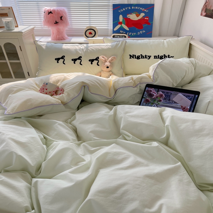 91家纺网 家纺一手货源 找家纺 六巷胡同 2024新款INS韩系蝴蝶结毛巾绣嵌绳边四件套 公主蝴蝶结-蜜绿