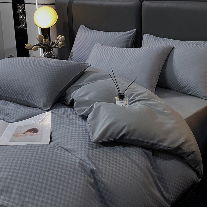 91家纺网 家纺一手货源 找家纺 金鑫汇 2024新款提花小方格全棉套件单品系列-四件套 深灰