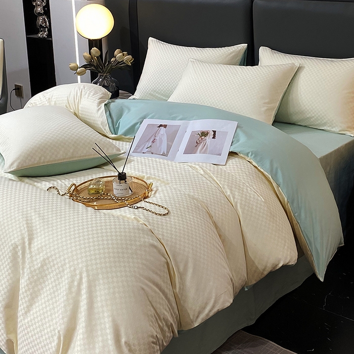91家纺网 家纺一手货源 找家纺 金鑫汇 2024新款提花小方格全棉套件单品系列-单被套 奶昔白+水绿