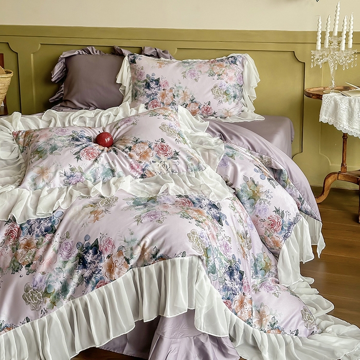 91家纺网 家纺一手货源 找家纺 窝米 2024春夏高定数码星云雪纺纱四件套系列 浮生若梦-霞光紫