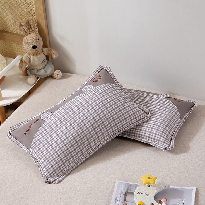 91家纺网 家纺一手货源 找家纺 梦叶草 2024新款全棉水洗棉儿童枕头纯荞麦枕芯小熊格子30×50cm荞麦枕 小熊耳朵方格荞麦枕-灰色30*50/只