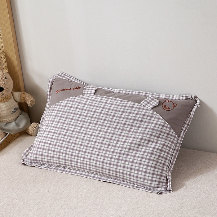 91家纺网 家纺一手货源 找家纺 梦叶草 2024新款全棉水洗棉儿童枕头纯荞麦枕芯小熊格子30×50cm荞麦枕 小熊耳朵方格荞麦枕-灰色30*50/只