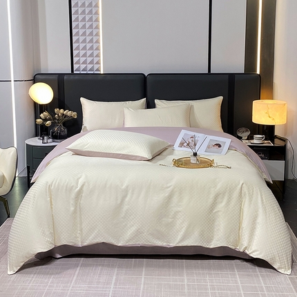 91家纺网 家纺一手货源 找家纺 金鑫汇 2024新款提花小方格全棉套件单品系列-单被套 奶昔白+淡紫